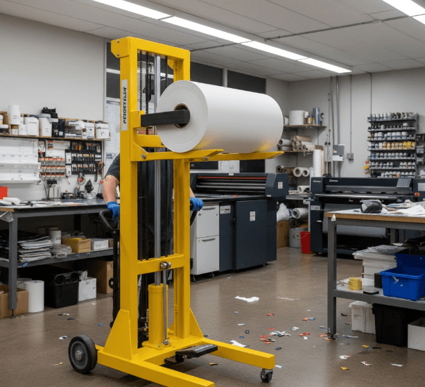 Foster Compact On-A-Roll lift transporting a large media roll in a print shop
