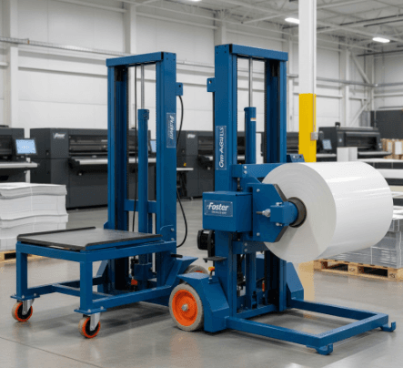 Technician operating a Foster Standard Plus On-A-Roll® lifter to raise a large paper roll in a production facility