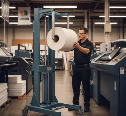 Operator positioning a media roll using a Foster Compact roll handling lift