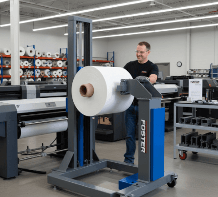 Operator using a Foster Spinner On-A-Roll® lifter to lift and rotate a large paper roll in a print shop