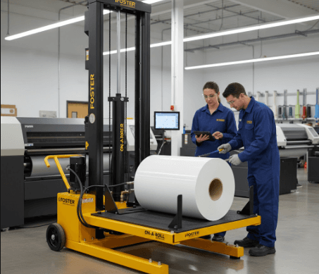 Technician inspecting a Foster Standard On-A-Roll® lifter hydraulic system and wheels in a print shop